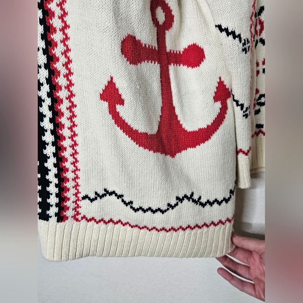 Anthropologie Chunky Knit Cream Nautical Anchor Button Front Cardigan Sweater L - Picture 7 of 13